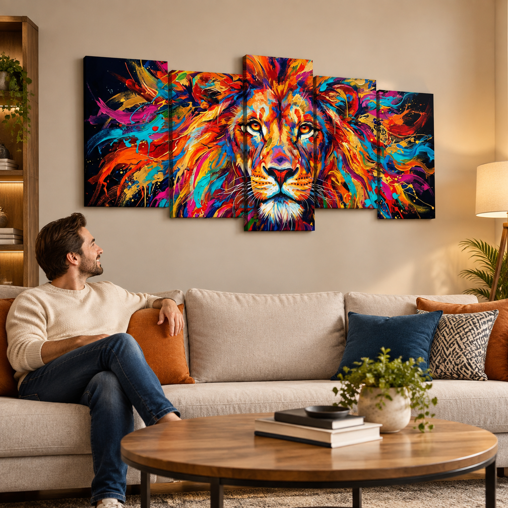 Abstract Colorful Lion Head Mane 1, 3, 5 Split Canvas Panel Wall Art Print