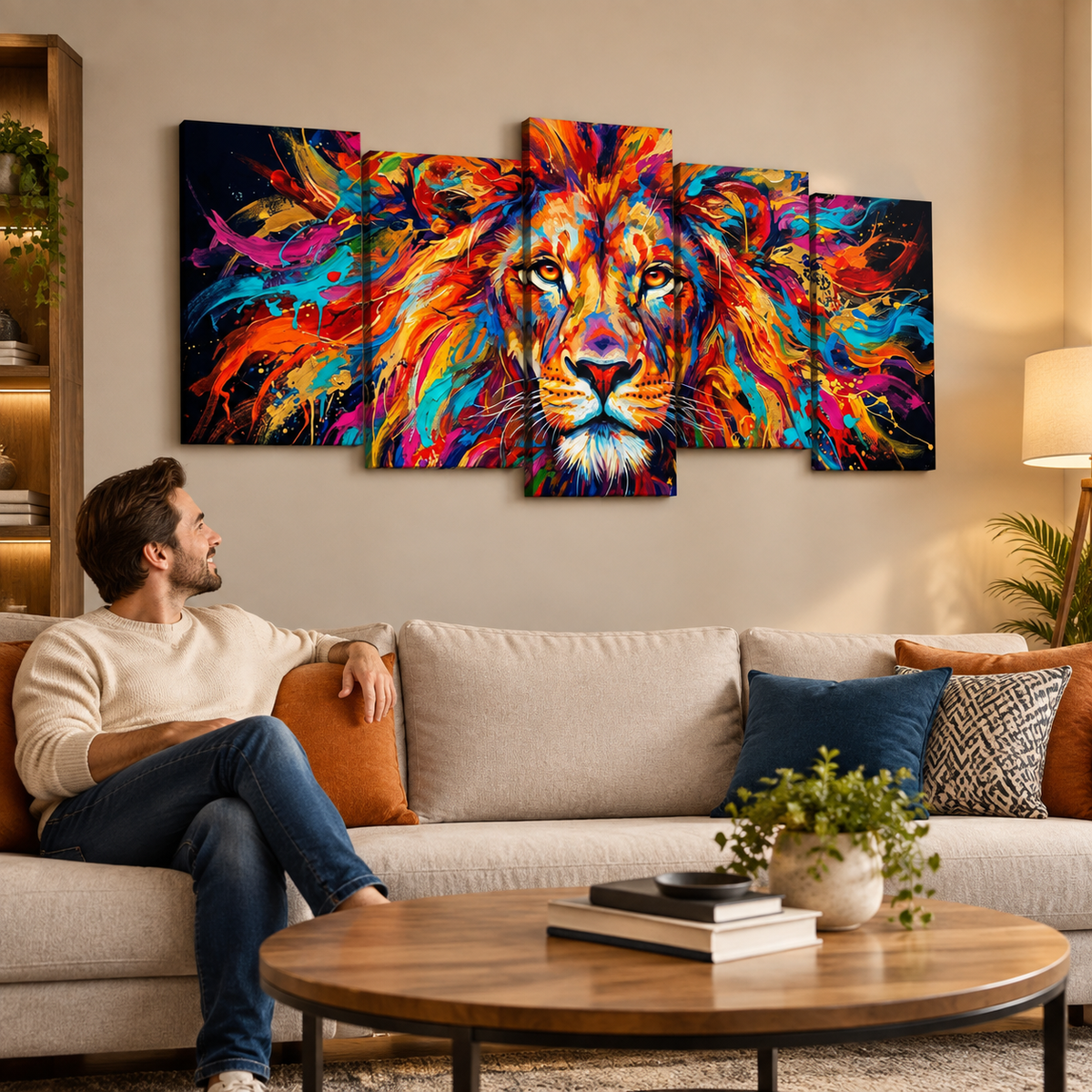 Abstract Colorful Lion Head Mane 1, 3, 5 Split Canvas Panel Wall Art Print