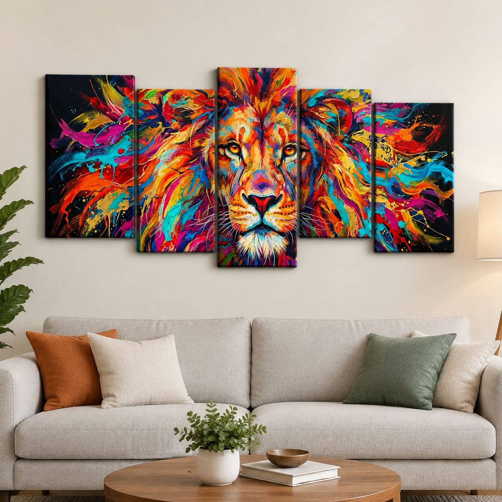 Abstract Colorful Lion Head Mane 1, 3, 5 Split Canvas Panel Wall Art Print
