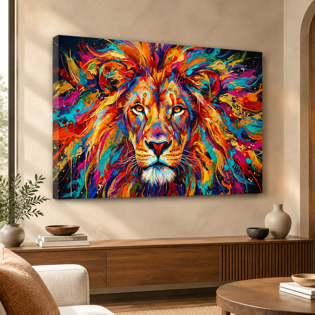 Abstract Colorful Lion Head Mane 1, 3, 5 Split Canvas Panel Wall Art Print