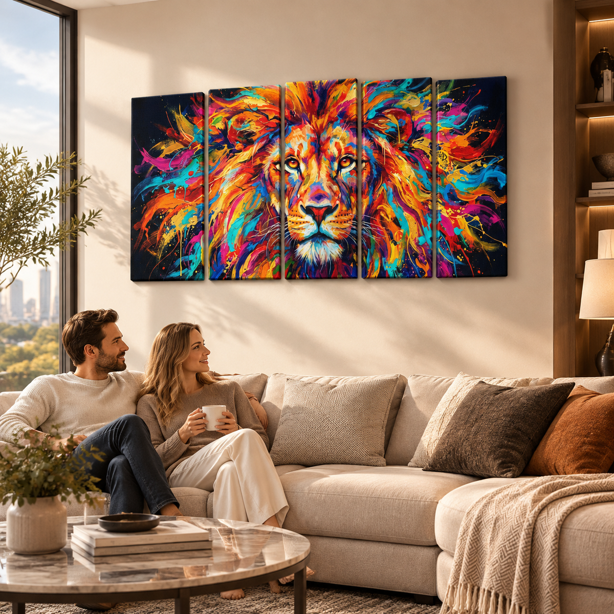 Abstract Colorful Lion Head Mane 1, 3, 5 Split Canvas Panel Wall Art Print