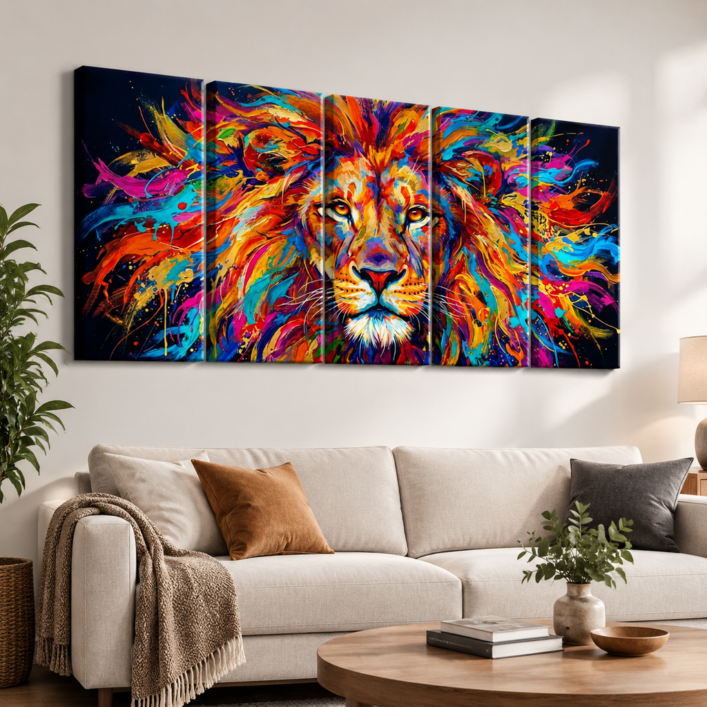 Abstract Colorful Lion Head Mane 1, 3, 5 Split Canvas Panel Wall Art Print