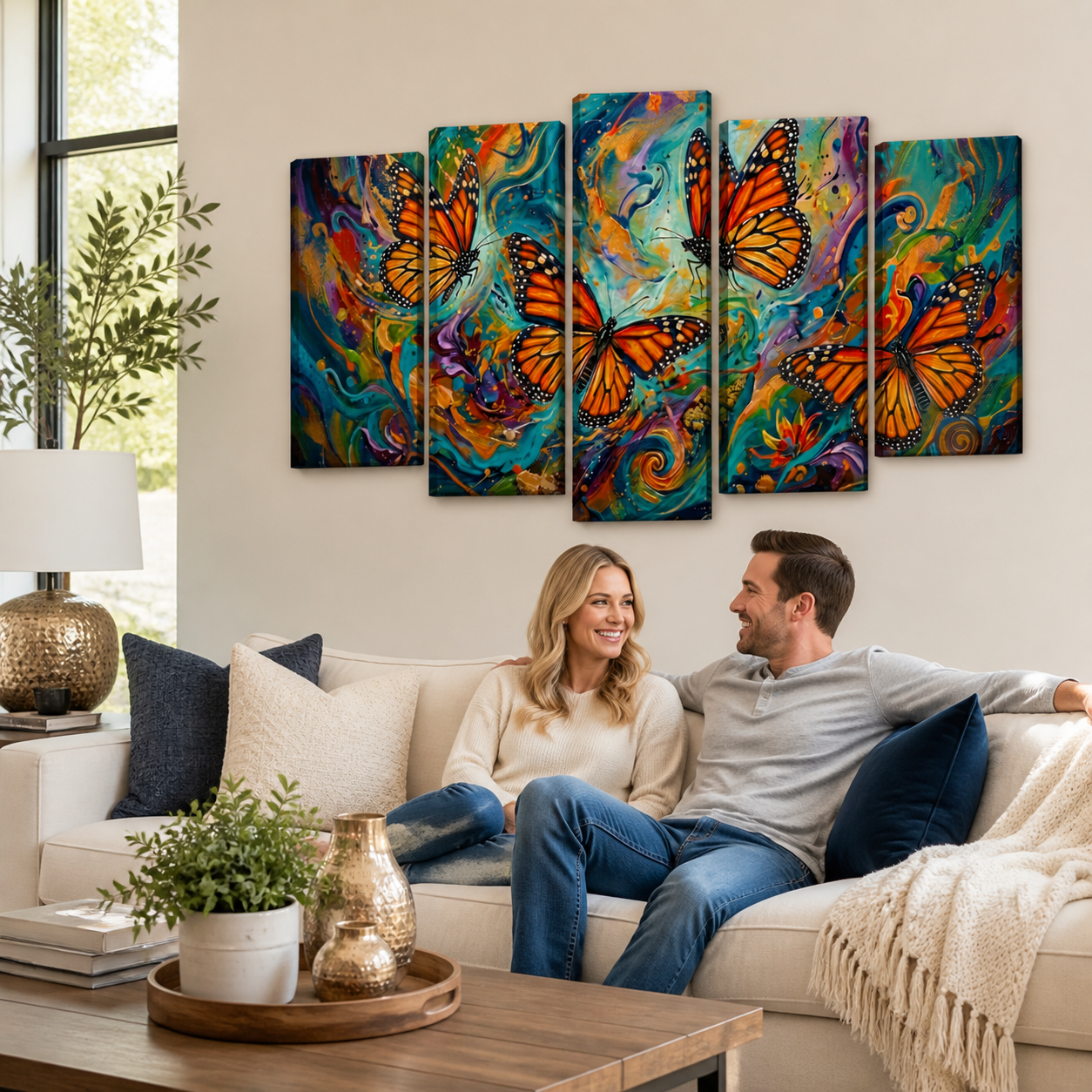 A five-panel canvas wall art set featuring vibrant, colorful Monarch butterfly illustrations, displayed in a modern living room setting above a beige sofa with a couple sitting on it.