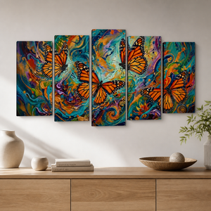 A five-panel canvas wall art set depicting large Monarch orange-and-black butterflies over swirling teal, blue, purple, and orange abstract paint strokes, displayed above a wooden console table in a styled interior.