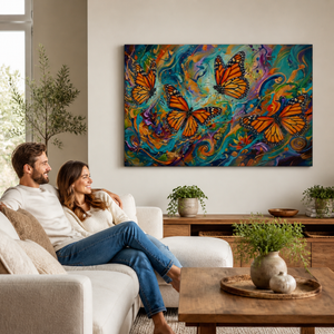 A couple relaxes on a light beige sofa in a modern living room, looking at a large rectangular canvas print on the wall. The artwork features vibrant orange monarch butterflies over a colorful, swirling background of blue, green, and purple.