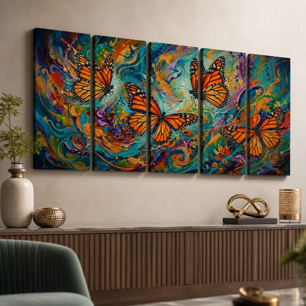A five-panel canvas wall art set depicting vibrant orange Monarch butterflies over swirling teal, blue, purple, and gold abstract paint strokes, displayed on a beige wall above a console table with decorative vases and sculptures.