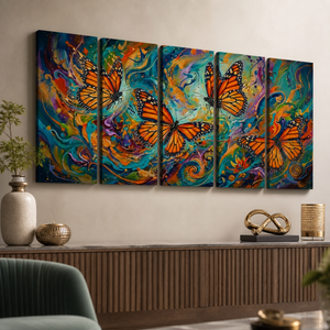 A five-panel canvas wall art set depicting vibrant orange Monarch butterflies over swirling teal, blue, purple, and gold abstract paint strokes, displayed on a beige wall above a console table with decorative vases and sculptures.
