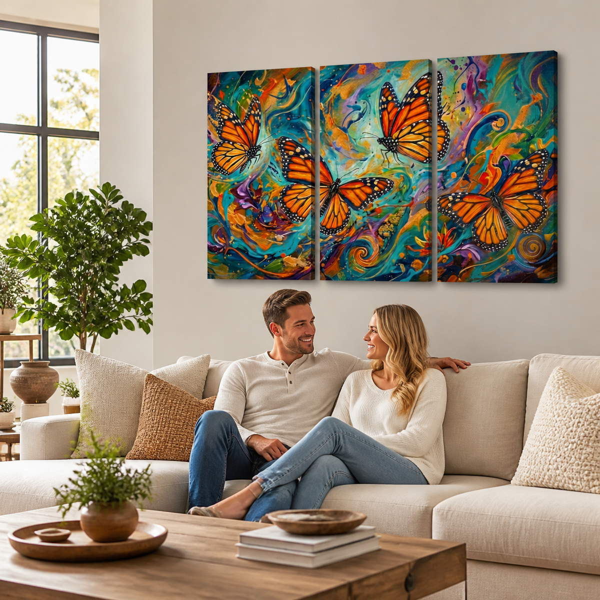 A three-panel canvas wall art set featuring vibrant orange monarch butterflies over a colorful swirling background, displayed on a light beige wall above a living room sofa with a couple sitting underneath.