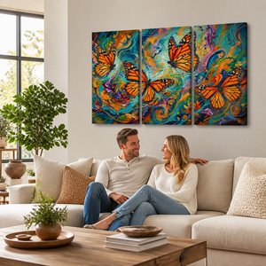 A three-panel canvas wall art set featuring vibrant orange monarch butterflies over a colorful swirling background, displayed on a light beige wall above a living room sofa with a couple sitting underneath.