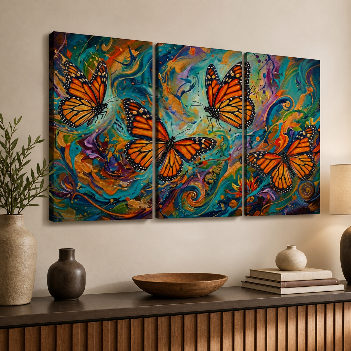 Three-panel canvas wall art showing large orange monarch butterflies over a vivid abstract swirl background in teal, blue, purple, and gold tones, displayed above a console table in a styled interior.