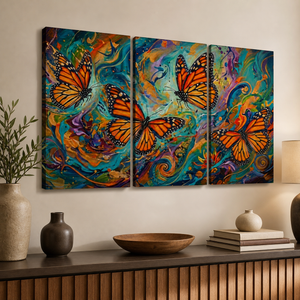 Three-panel canvas wall art showing large orange monarch butterflies over a vivid abstract swirl background in teal, blue, purple, and gold tones, displayed above a console table in a styled interior.