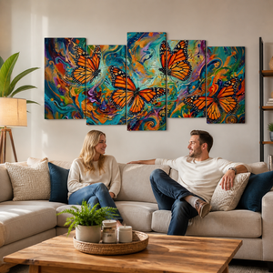 A 5-panel canvas wall art set depicting vibrant orange monarch butterflies over colorful swirling backgrounds, displayed on a beige wall above a living room sofa with a couple sitting on the couch.