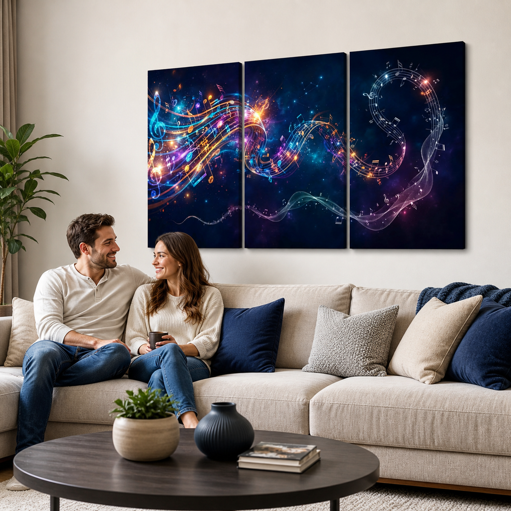 Abstract Musical Notes Ribbon — Multi-Color 1, 3, 5-Panel Split Canvas Wall Art