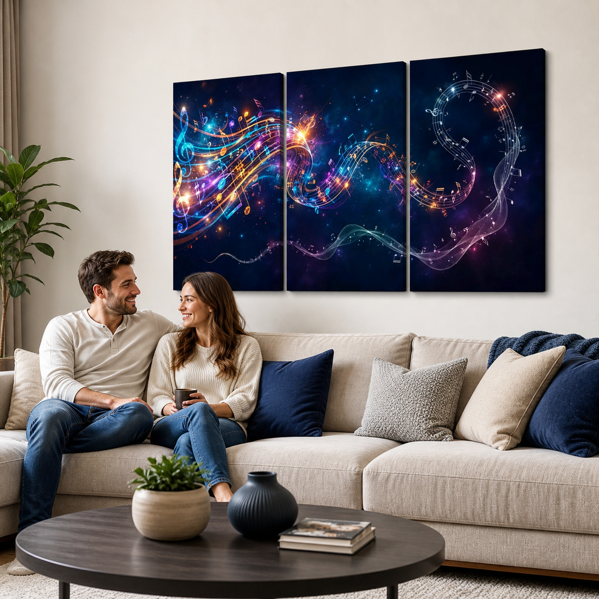 Abstract Musical Notes Ribbon — Multi-Color 1, 3, 5-Panel Split Canvas Wall Art
