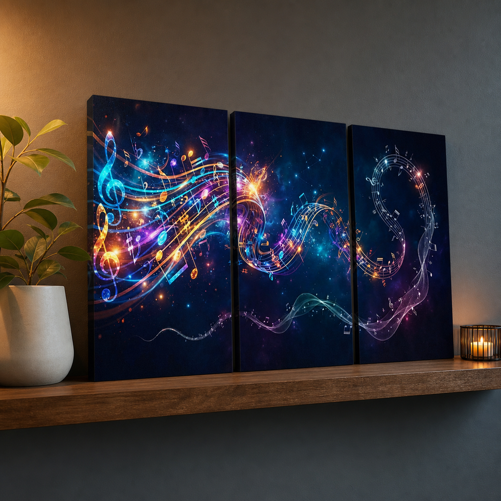 Abstract Musical Notes Ribbon — Multi-Color 1, 3, 5-Panel Split Canvas Wall Art