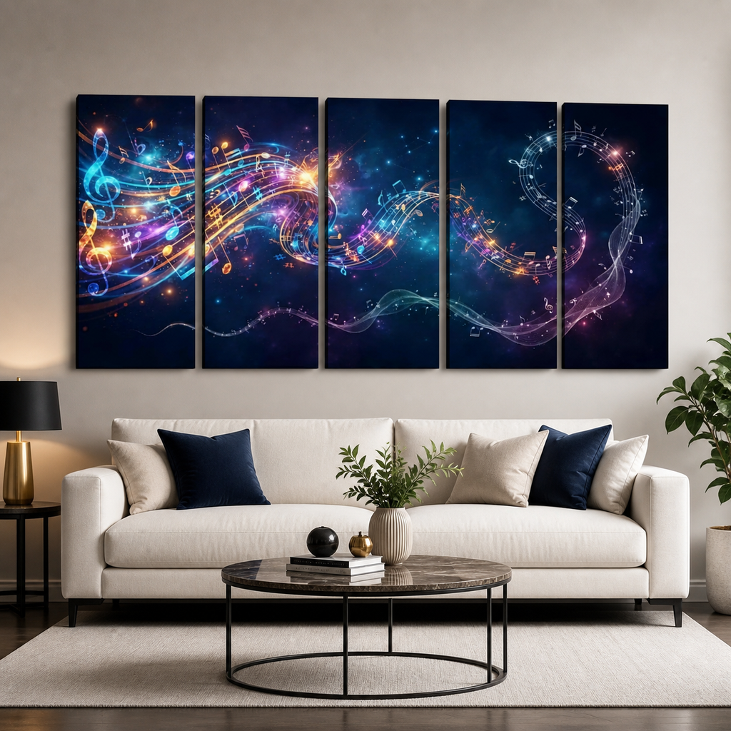 Abstract Musical Notes Ribbon — Multi-Color 1, 3, 5-Panel Split Canvas Wall Art