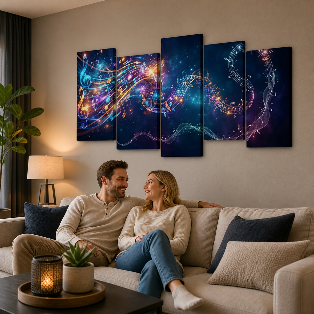 Abstract Musical Notes Ribbon — Multi-Color 1, 3, 5-Panel Split Canvas Wall Art