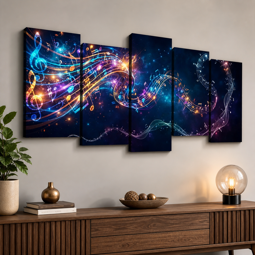 Abstract Musical Notes Ribbon — Multi-Color 1, 3, 5-Panel Split Canvas Wall Art