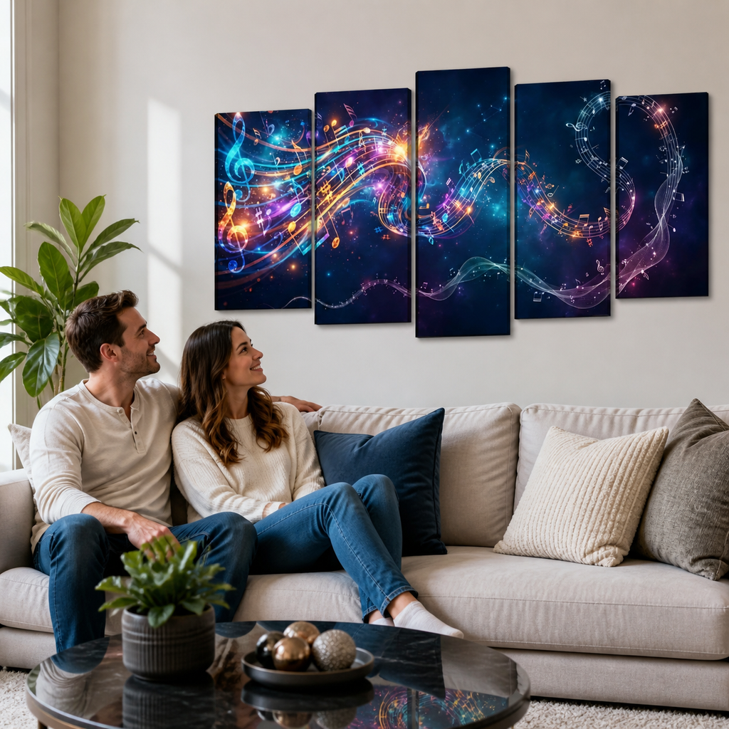 Abstract Musical Notes Ribbon — Multi-Color 1, 3, 5-Panel Split Canvas Wall Art