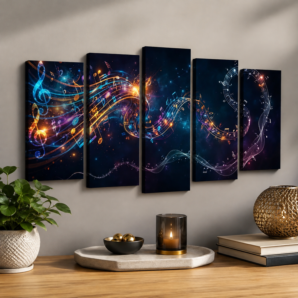 Abstract Musical Notes Ribbon — Multi-Color 1, 3, 5-Panel Split Canvas Wall Art