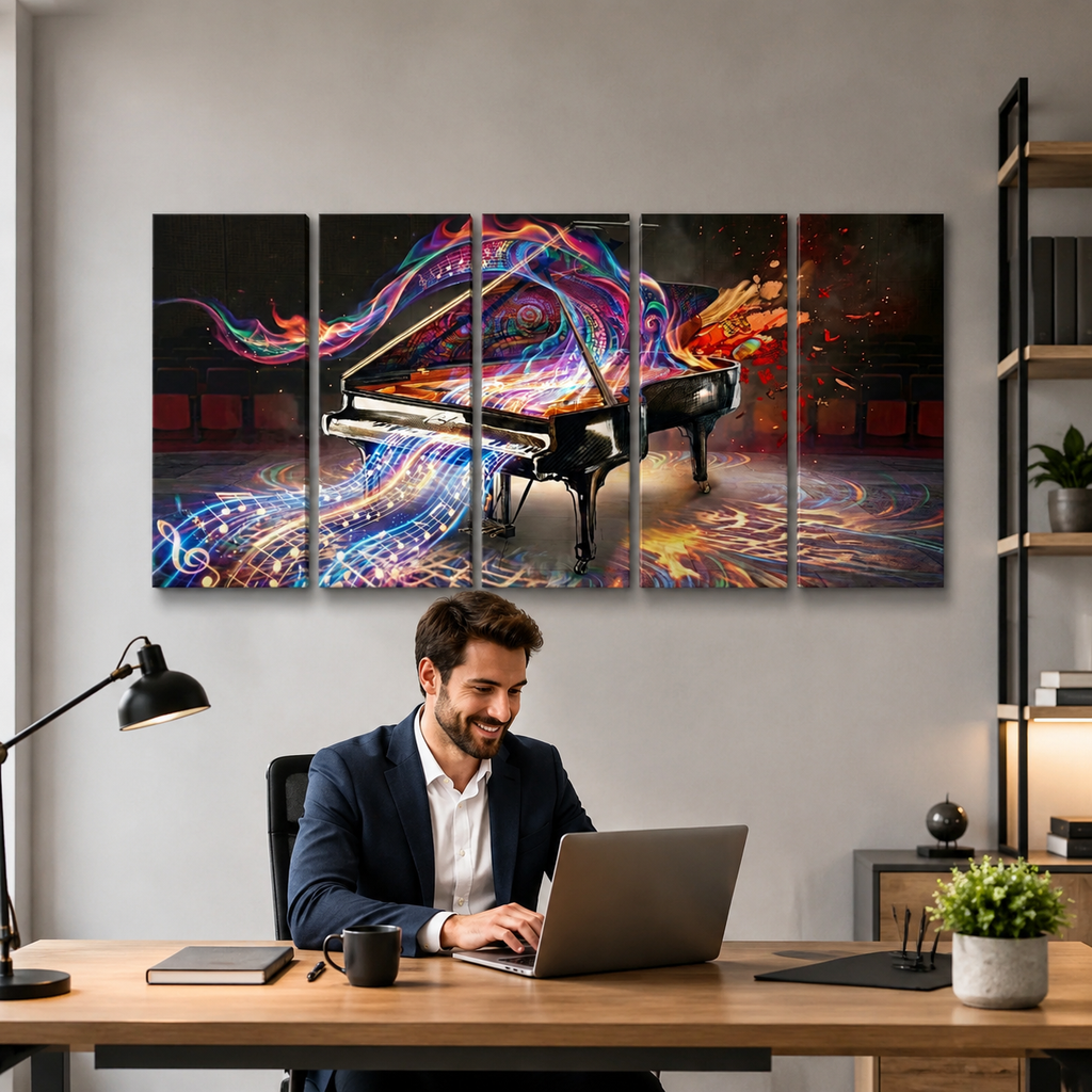 A man in a navy blazer sits at a wooden desk using a laptop in a modern office setting, with a large five-panel canvas wall art print of a black grand piano surrounded by vibrant multicolored abstract swirls hanging on the wall behind him.