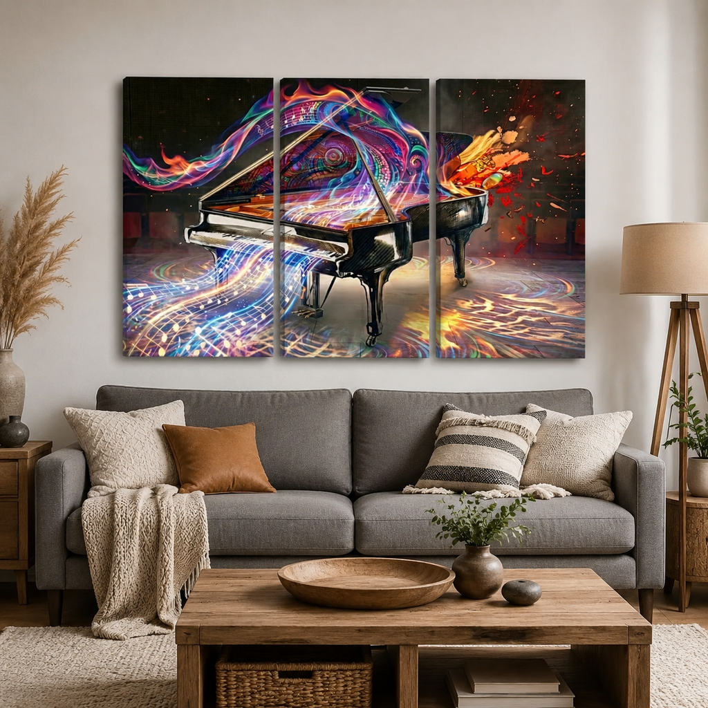 A three-panel canvas wall art print depicting a black grand piano with vibrant neon light trails in purple, blue, orange, and red, displayed above a gray sofa in a modern living room setting.