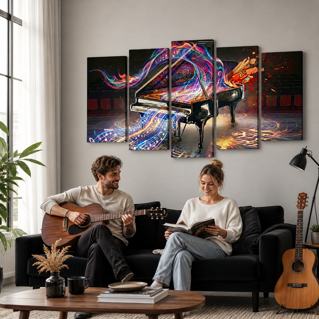 A 5-panel canvas wall art set depicting a black grand piano with vibrant, colorful neon light trails and musical notes, displayed on a light gray wall in a modern living room above a black sofa with a couple sitting on it.