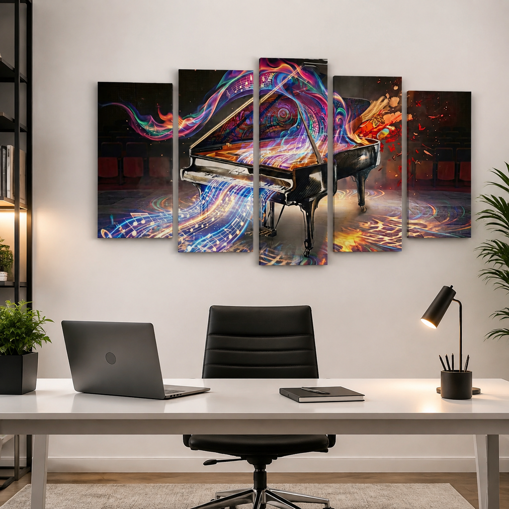 A 5-panel canvas wall art set depicting a black grand piano with vibrant, colorful neon light trails in blue, purple, pink, and orange, displayed on a light gray wall above a modern white desk setup.
