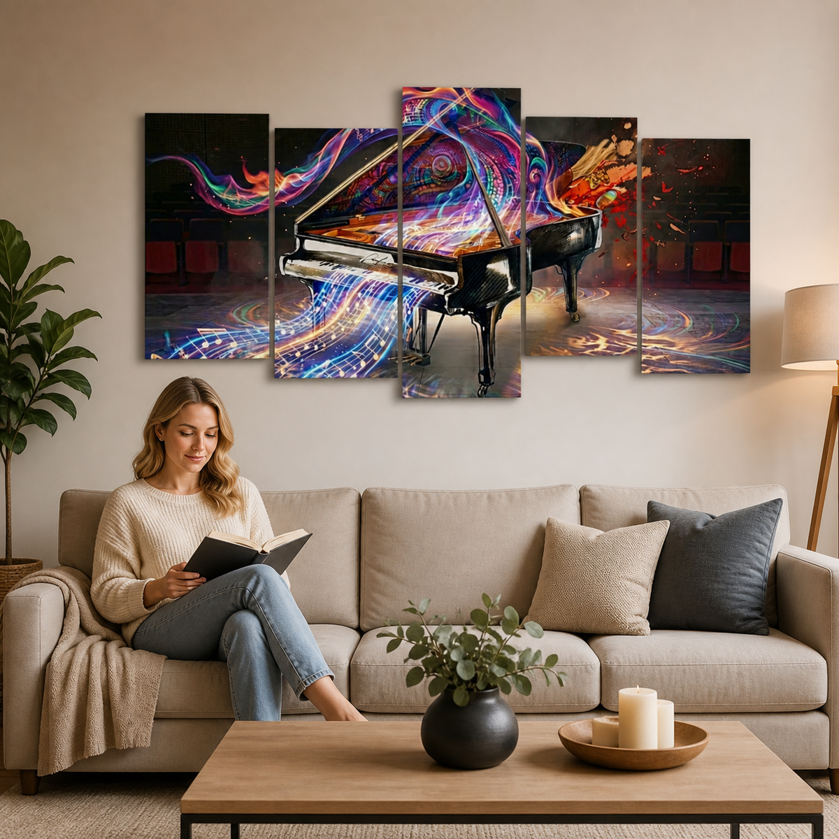 A woman sits on a beige sofa in a living room, reading a book. Above her is a five-panel canvas wall art set depicting a black grand piano with vivid swirling neon light effects in purple, blue, pink, orange, and red.