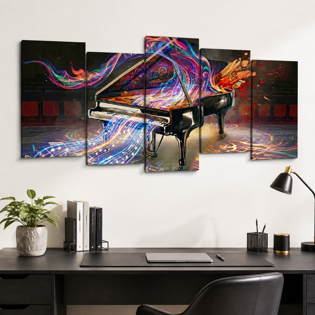A 5-panel canvas wall art set depicting a black grand piano with vibrant, colorful neon light trails in purple, blue, orange, and pink, displayed on a white wall above a modern black desk setup.