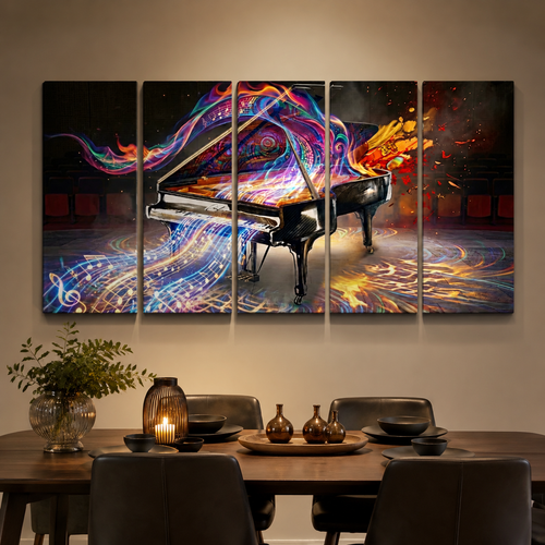 A 4-panel canvas wall art set depicting a black grand piano with vibrant, colorful neon-like musical swirls and light trails, displayed on a beige wall above a dining table with chairs and decorative vases.