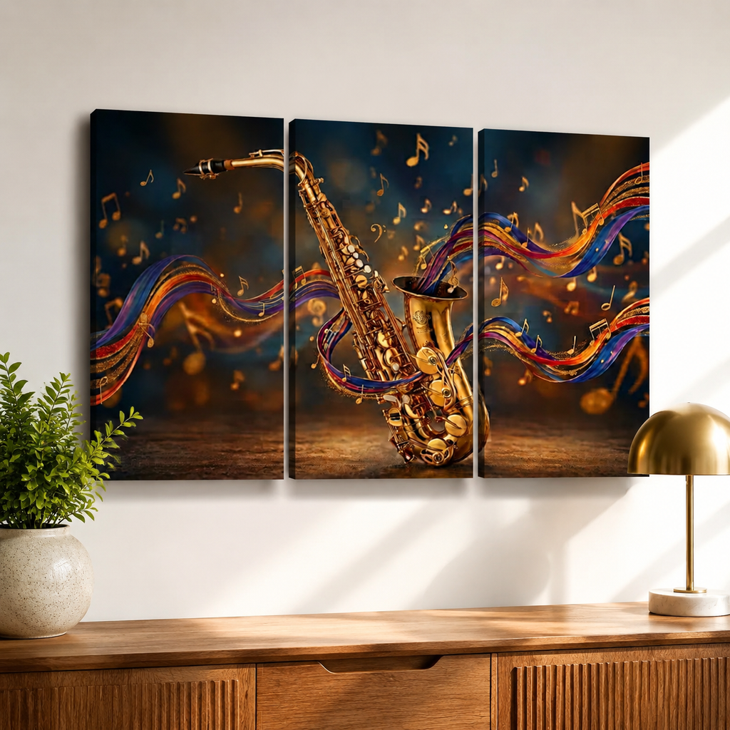 A three-panel canvas wall art set featuring a golden saxophone with flowing multicolored musical notes and ribbon-like lines on a dark blue background, displayed above a wooden console table in a styled room.