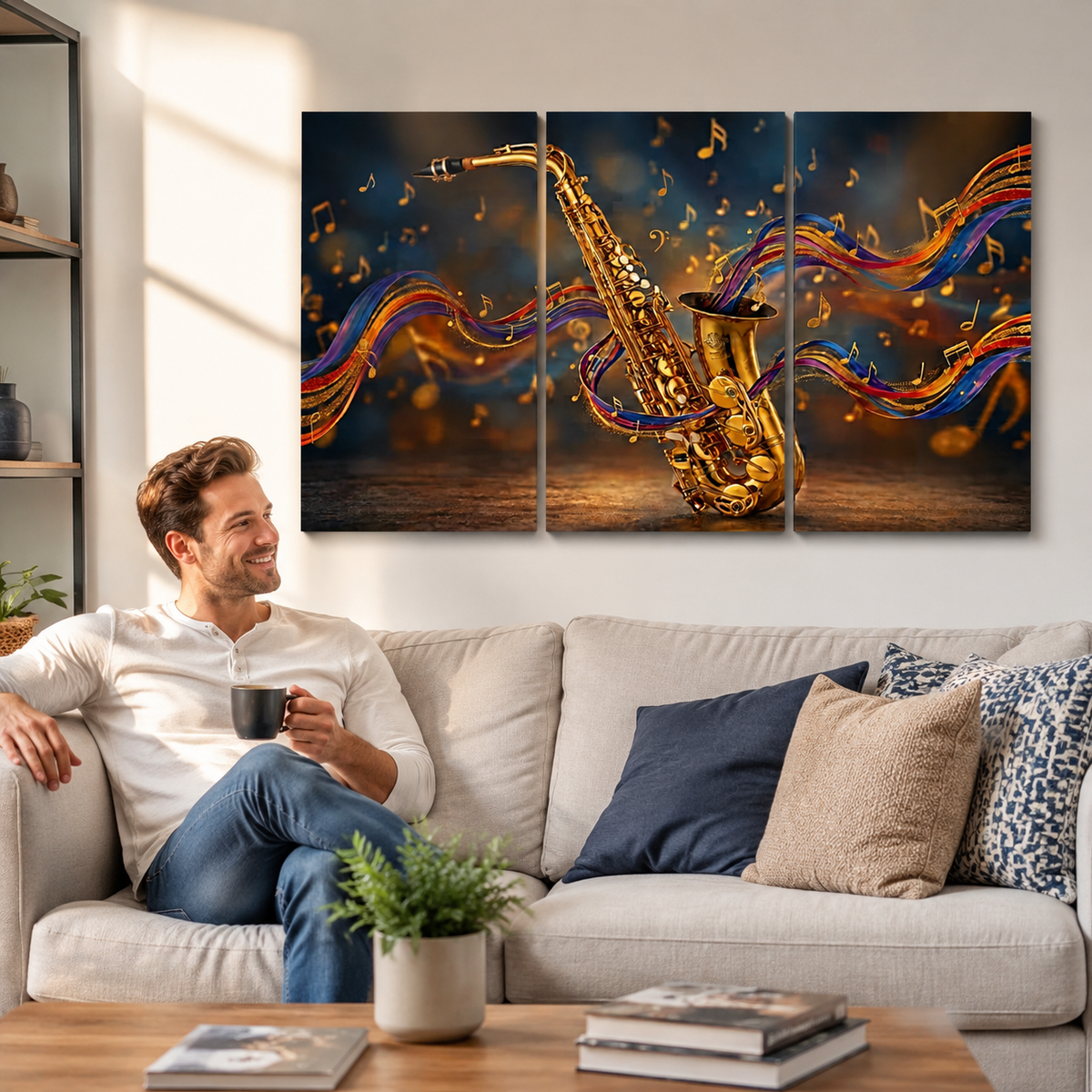 A man sits on a light beige sofa in a living room, holding a black mug and looking at a three-panel wall art print featuring a golden saxophone with flowing multicolored musical notes and lines against a dark blue background.
