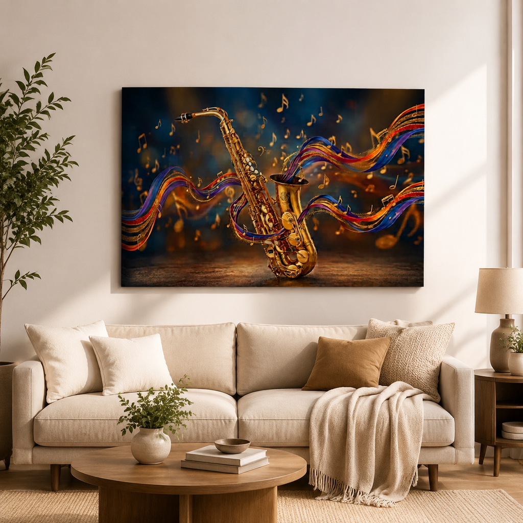 A large rectangular wall art print hanging above a beige sofa in a styled living room. The artwork shows a gold saxophone with flowing multicolored ribbon-like lines against a dark blue and black background with small golden musical notes.