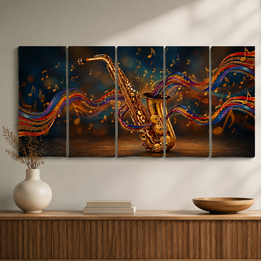 A five-panel canvas wall art set depicting a golden saxophone with flowing multicolored musical notes and lines on a dark blue and brown background, displayed above a wooden console table with a vase, books, and a bowl.