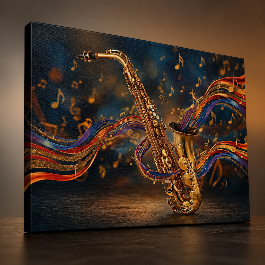 A square canvas wall art print featuring a golden saxophone surrounded by colorful flowing ribbons and floating musical notes on a dark blue background, shown as a gallery-wrapped canvas on a tabletop.
