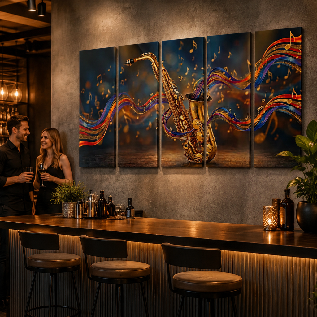 A 4-panel canvas wall art set depicting a golden saxophone with colorful flowing musical notes, displayed on a textured gray wall above a bar counter in a dimly lit restaurant or bar setting.