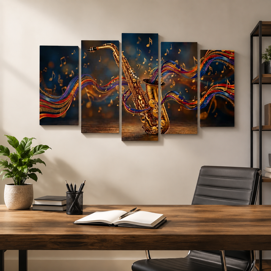 A 5-panel canvas wall art set depicting a golden saxophone with colorful flowing ribbons and musical notes on a dark background, displayed in a modern home office setting above a wooden desk.