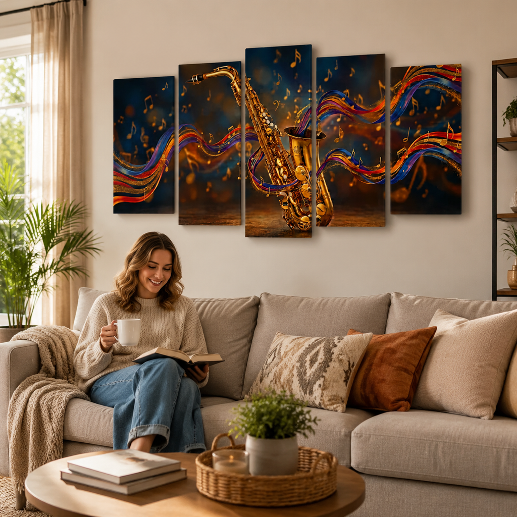 A woman sits on a beige sofa in a living room, holding a mug and reading a book, with a five-panel wall art set depicting a golden saxophone and colorful flowing lines above it.