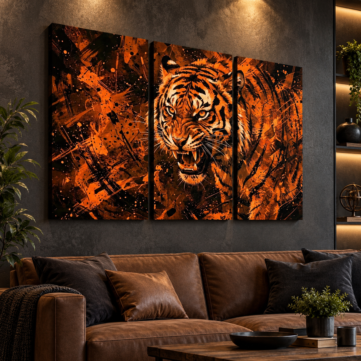 Abstract Tiger Canvas Split Panel Wall Art – Orange & Black 5-Panel Level