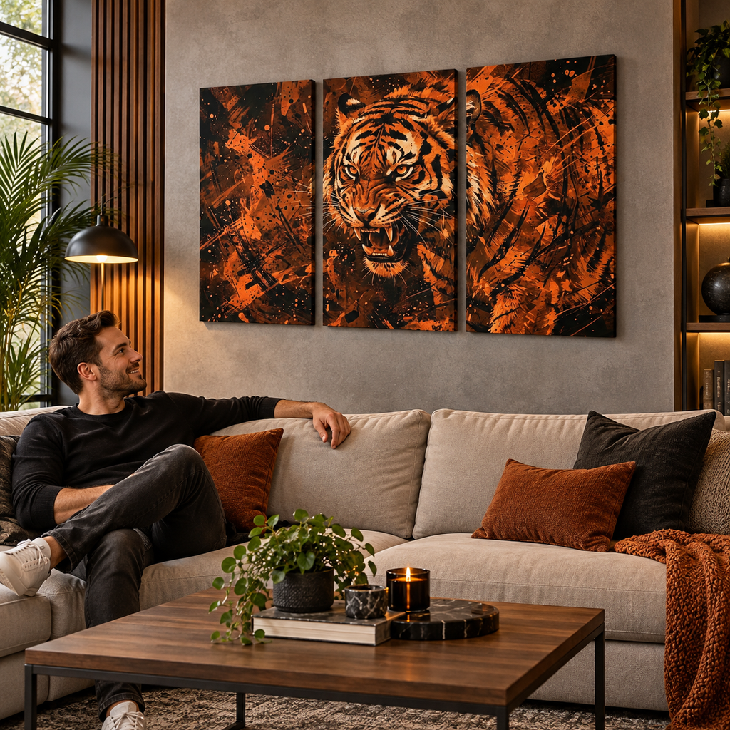 Abstract Tiger Canvas Split Panel Wall Art – Orange & Black 5-Panel Level