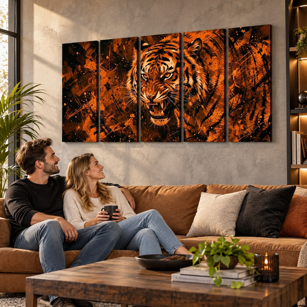 A five-panel canvas wall art set depicting a roaring tiger in vivid orange, black, and brown tones, displayed above a brown sofa in a modern living room setting with a couple sitting underneath.