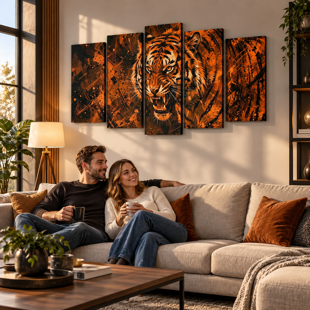 Abstract Tiger Canvas Split Panel Wall Art – Orange & Black 5-Panel Level