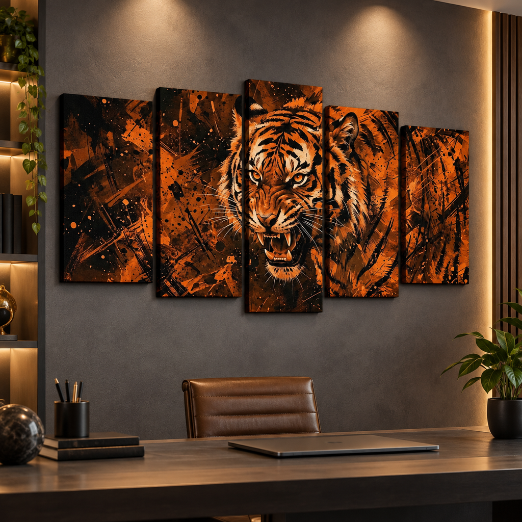 Abstract Tiger Canvas Split Panel Wall Art – Orange & Black 5-Panel Level