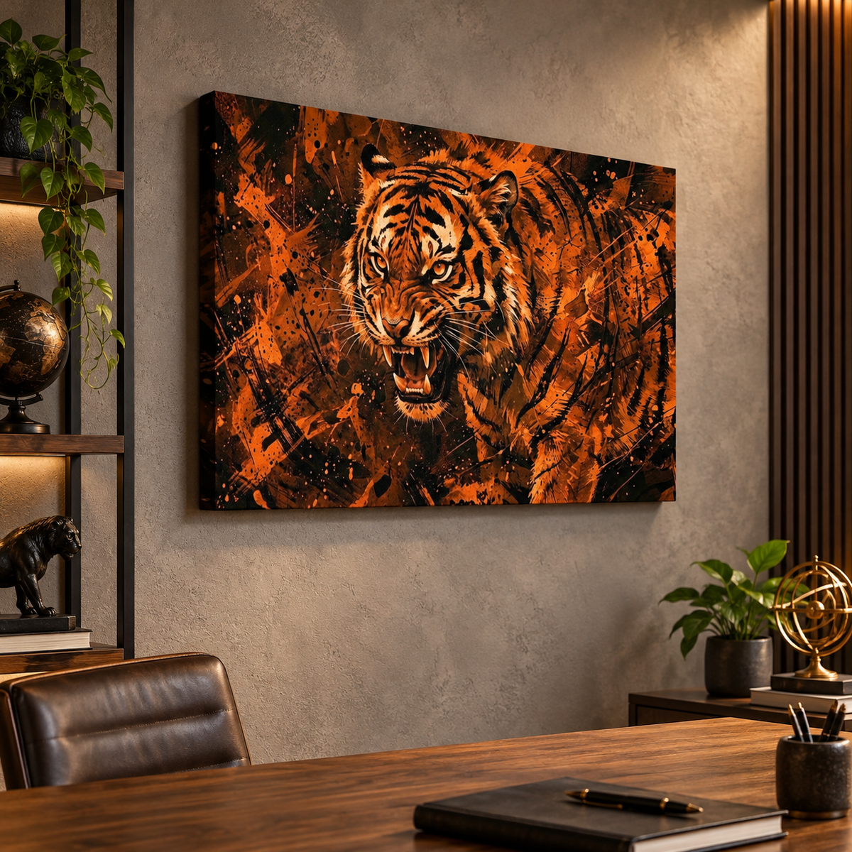 Abstract Tiger Canvas Split Panel Wall Art – Orange & Black 5-Panel Level