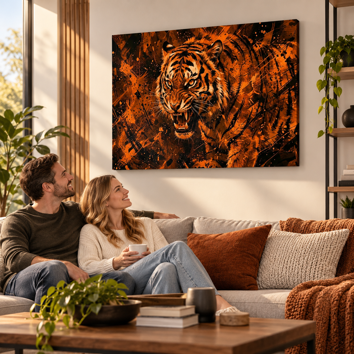 Abstract Tiger Canvas Split Panel Wall Art – Orange & Black 5-Panel Level