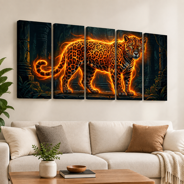A five-panel canvas wall art set depicting a glowing orange and yellow leopard walking through a dark jungle, displayed above a modern white sofa in a living room setting.