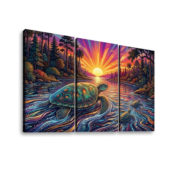 A three-panel canvas wall art set depicting a colorful sunset over a river with a sea turtle in the foreground, shown against a plain white background.