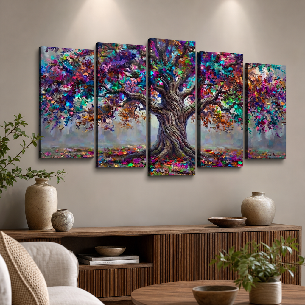 Tree of Life Canvas Wall Art – Spectrum Roots Vibrant Colorful Print | 1, 3 & 5 Panel Living Room Décor