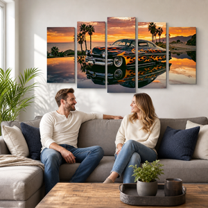 1951 Mercury Sled Canvas Wall Art – Slammed Black Flames Sunset Reflection | 5-Panel Classic Car Print